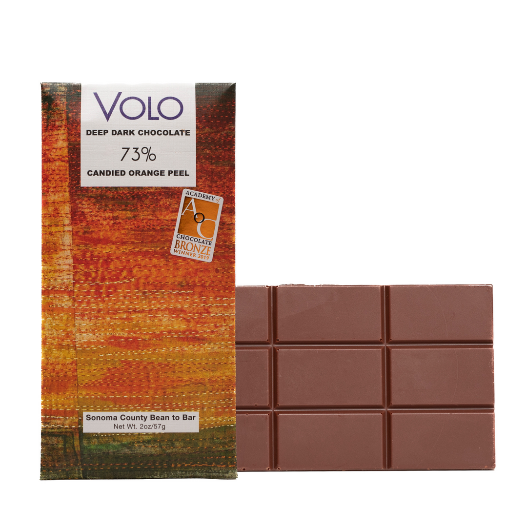 73% CHOCOLATE ORANGE with dark + candied orange peel – VOLO Chocolate 73% CHOCOLATE ORANGE with dark + candied orange peel – VOLO Chocolate
